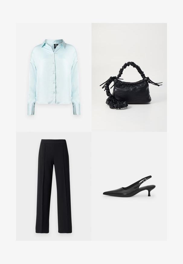 Svetlomodrá, dlhá košeľa s gombíkmi s klasickým golierom, mäkkou látkou a mierne skráteným lemom s manžetami.; Čierne nohavice s širokým strihom, vyrobené z hladkej, elastickej tkaniny; majú predné záhyby a elastický pás.; Čierne kožené sandále s úzkym špičatým prstom a štíhlym zakriveným podpätkom. Majú diskrétny nastaviteľný popruh s kovovou sponou.; Čierna umelá kožená kabelka s kroko vzorom, sťahovaným vrchom a zhnutým popruhom. Vyzerá mäkko a kompaktné v dizajne.