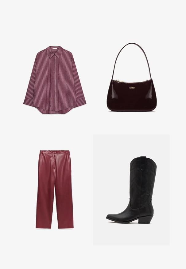 Langärmliges, kastanienrotes Hemd mit Knöpfen, das vertikale weiße und bunte Streifen aufweist, mit einem klassischen Kragen und einem abgerundeten Saum.; Burgunderfarbene, weite Hose aus Kunstleder mit hoher Taille, vorderem Knopfverschluss und glatter, glänzender Textur. Keine Taschen.; Schwarze Leder-Cowboystiefel mit spitzer Zehenform, niedrigem, gestapeltem Absatz und kunstvollem, geprägtem Blattmuster am Schaft. Schleife am oberen Ende für einfaches Anziehen.; Burgunderfarbene Handtasche aus Lackleder mit glatter Textur, geschwungener Form, einem Schulterriemen und goldenem "kazar"-Logo auf der Vorderseite.
