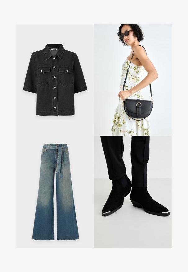 Melnas denima krekls ar īsām piedurknēm, ar rakstainu apkakli, divām krūšu kabatām un metāla pogām. Gluda tekstūra.; Platām kājām džinsu bikses ar gaismas līdz tumši zilam gradientam, augstu jostas līniju, jostas cilpām un atbilstošu auduma jostu. Tekstūrēts džinsas apdare.; Melni zamšas potīšu zābaki ar norādītām purngaliem un zemu papēdi. Iezīmēts ar sudraba purngaliem un elastīgiem sānu paneļiem. Nēsāti kopā ar melnām šaurām biksēm.; Melnas ādas rokassoma ar izliekta formu, noņemamu siksnu un zelta aksesuāriem. Somai ir vāciņš ar sprādzes detaļu.