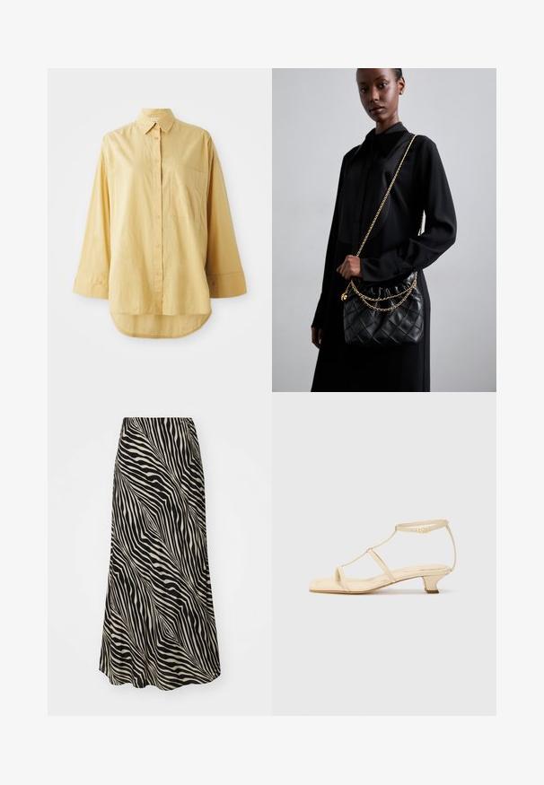 Chemise jaune à boutons, avec une poche, manches longues et ourlet arrondi. Fabriquée en tissu léger et texturé. Dotée de boutons oranges.; Jupe mi-longue en tissu lisse avec un motif de rayures ondulées noir et beige, s'évasant doucement de la taille à l'ourlet.; Sandales à talons beiges avec un design à T, bout carré, bride de cheville réglable et un petit talon carré. Matériau en cuir lisse.; Sac à main en cuir matelassé noir avec un dessus froncé, une bandoulière en chaîne dorée et une forme rectangulaire, tenu contre un fond uni.