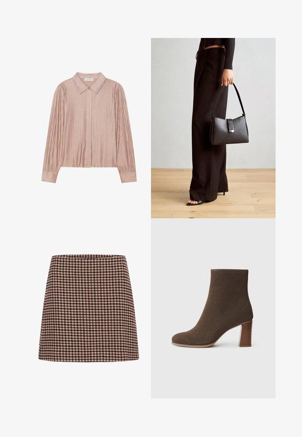 Hiba történt az alternatív szöveg generálása során.; Piros és krém kockás mini szoknya egyenes vonallal és texturált anyagból. Nincsenek látható záródások vagy díszítések.; Barna velúr bokacsizma lekerekített orral és egy réteges, textúrált sarokkal. Simára csiszolt külső, látható záródás vagy díszítés nélkül.; Fekete kézi táska strukturált formával, sima textúrával és fémből készült záródással. Széles fekete nadrággal és nyitott orrú szandállal párosítva, fából készült padlón.