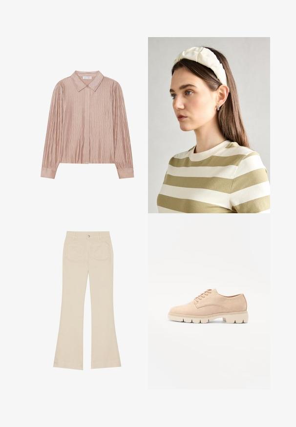 Impossibile generare il testo alternativo.; Pantaloni beige a zampa d'elefante con vita alta, realizzati in tessuto di cotone. Presentano tasche frontali e posteriori, passanti per cintura e un singolo bottone argentato.; Scarpe stringate in suede beige con punta rotonda, upper testurizzato e una suola in gomma cremosa e spessa con battistrada pronunciato per una migliore aderenza.; Fascia per capelli imbottita di colore crema con design intrecciato, abbinata a una camicia a righe beige e bianche con scollatura rotonda. Accenti di gioielli delicati.