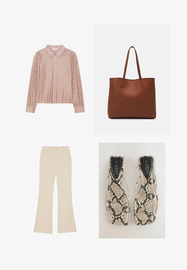 Nepavyko sugeneruoti alternatyviojo teksto.; Šviesiai rudos spalvos plačios kelnės su aukštu liemeniu, pagamintos iš medvilnės audinio. Turi priekinės ir galinės kišenes, diržo kilpas ir vieną sidabrinį mygtuką.; Plokščios šlepetės su gyvatės odos raštu, turinčios smėlio ir pilkų atspalvių, su tarpkojiniu dizainu ir lygia juoda vidpadžiu, pažymėtu "NEXT".; Ruda odinė priekabų krepšys su glotnia tekstūra, atviru viršumi ir dviem petnešomis. Su minimalia siuvimo detalėmis ir nematoma aparatūra.; Kremo spalvos paminkštinta galvos juosta su suktiniu dizainu, derinama su smėlio ir baltos spalvos juostelėmis marškiniais, turinčiais apvalų iškirpimą. Subtilūs papuošalų akcentai.