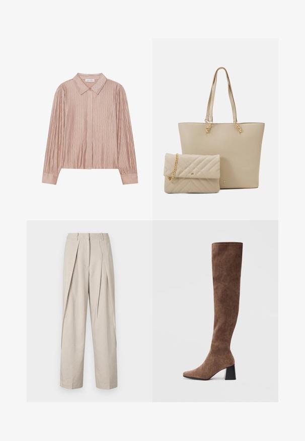 Nepodařilo se vygenerovat alternativní text.; Béžové kalhoty na míru s nařaseným předním dílem, širokými nohavicemi a hladkou strukturou. Mají klasický pas a boční kapsy.; Hnědé kozačky nad kolena vyrobené z měkké semiše s špičatou špičkou a silným černým podpatkem. Design obsahuje bezešvé švy pro elegantní vzhled.; Beige taška přes rameno s plochými uchy, hladkým povrchem a zlatými detaily, doplněná o odpovídající prošívanou psaníčko s řetízkem.