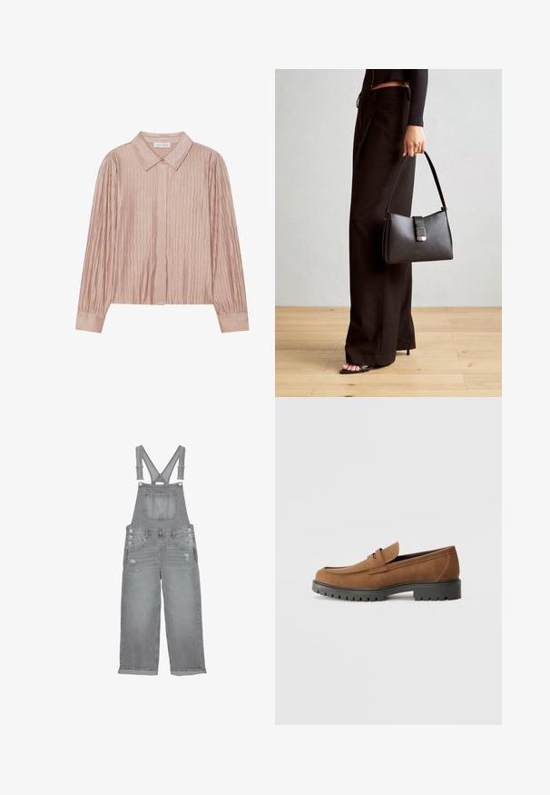 Ni uspelo, da se ustvari alt-tekst.; Sive jeans peste z obleko z nastavljivimi naramnicami, sprednjim žepom na prsih, stranskimi gumbi in poškodovanimi detajli na nogah.; Bordaste usnjene loafers z zaobljenim nosom in nizkim temnim gumijastim podplatom, z okrasnim trakcem in šivi na zgornjem delu.; Črna torbica z strukturirano obliko, gladko teksturo in kovinskim zaponko. Ujemajo se z širokimi črnimi hlačami in odprtimi sandali na lesenem tleh.