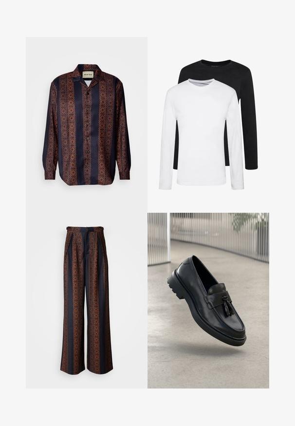 Navy button-up shirt with a floral geometric pattern in shades of orange. Features a collar and long sleeves with buttoned cuffs.; Two long-sleeve shirts, one black and one white, made of cotton with crew necks and a smooth texture, displayed in a stacked arrangement.; Wide-leg trousers in dark blue fabric featuring an intricate orange geometric pattern, with pleated front and a fitted waistband.; Black leather loafers with a smooth finish, decorative tassel, thick rubber sole, and stitched accents. Lightweight and sleek design.