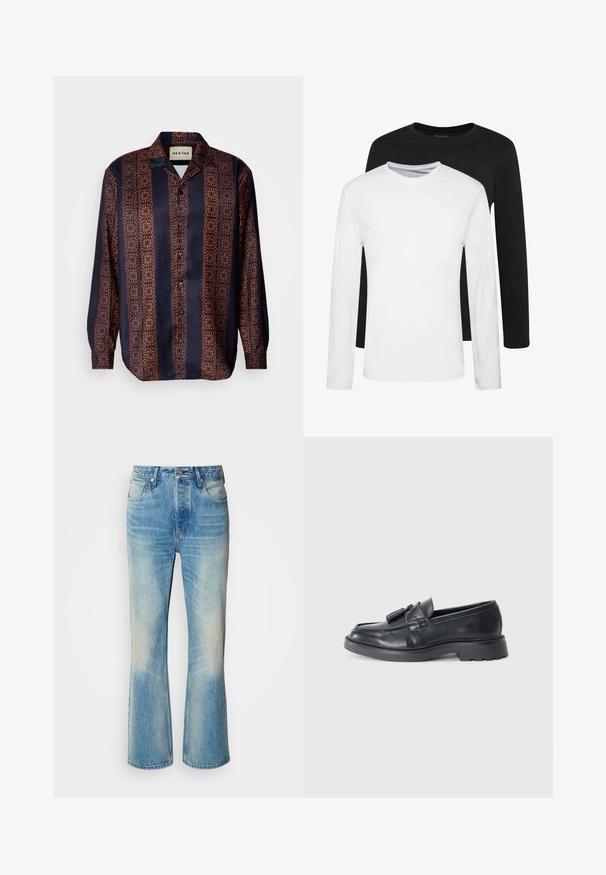Marineblå skjorte med knapper og et blomstret geometrisk mønster i nuancer af orange. Har en krave og lange ærmer med knapmanchetter.; To lange ærmede skjorter, en sort og en hvid, lavet af bomuld med rund hals og en glat tekstur, vist i en stakket opstilling.; Lysblå denim jeans med en flagrende ben design, der har en falmet finish, for- og baglommer samt knaplukning i taljen. Forstærket søm synlig.; Sorte læder loafers med rund tå, en rem med kvaster og en kraftig sål med mønster. Glat tekstur og klassisk design.