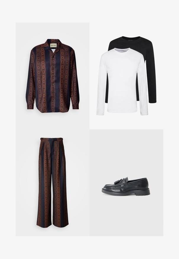 Navy button-up shirt with a floral geometric pattern in shades of orange. Features a collar and long sleeves with buttoned cuffs.; Two long-sleeve shirts, one black and one white, made of cotton with crew necks and a smooth texture, displayed in a stacked arrangement.; Wide-leg trousers in dark blue fabric featuring an intricate orange geometric pattern, with pleated front and a fitted waistband.; Black leather loafers featuring a rounded toe, a strap with tassels, and a chunky sole with a tread pattern. Smooth texture and classic design.