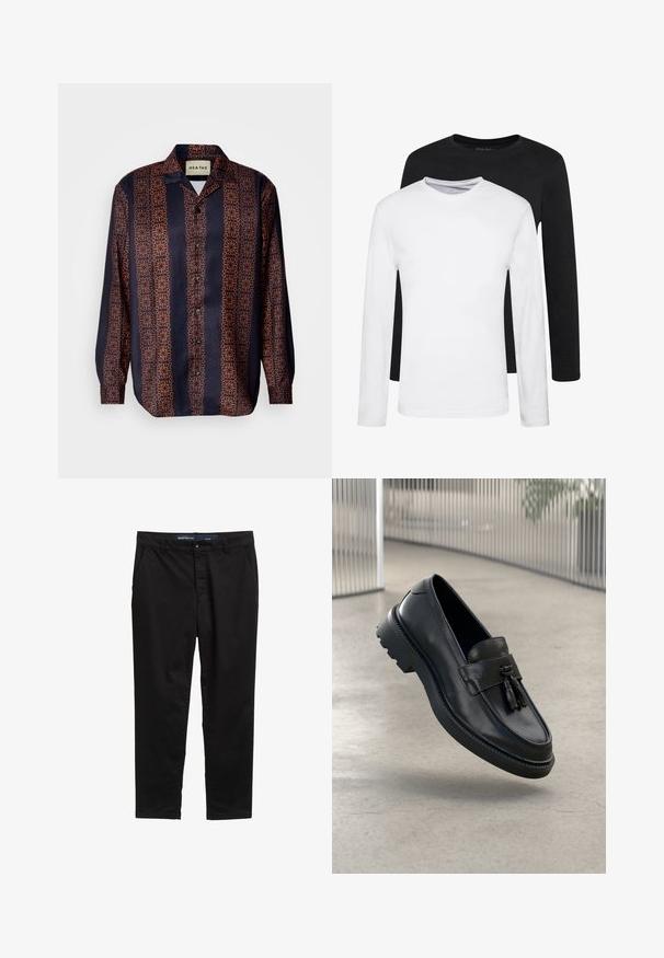 Marineblaues Hemd mit Knopfleiste und einem floralen geometrischen Muster in Orangetönen. Mit Kragen und langen Ärmeln mit geknöpften Manschetten.; Zwei Langarmshirts, eines schwarz und eines weiß, aus Baumwolle mit Rundhalsausschnitten und glatter Textur, in einer gestapelten Anordnung präsentiert.; Schwarze Chinos aus einem Baumwollmischgewebe. Verfügt über ein gerades Bein Design, zwei seitliche Taschen und einen Metallknopfverschluss an der Taille.; Schwarze Leder-Loafer mit glatter Oberfläche, dekorativem Quasten, dicker Gummisohle und abgesteppten Akzenten. Leichtes und schlankes Design.