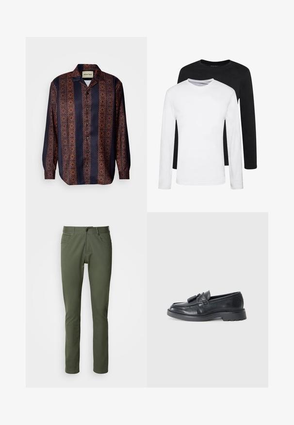 Námořnická košile na knoflíky s květinovým geometrickým vzorem v odstínech oranžové. Má límec a dlouhé rukávy s knoflíkovými manžetami.; Dvoje dlouhých rukávů, jedno černé a jedno bílé, vyrobené z bavlny s kulatým výstřihem a hladkou texturou, vystavené ve srovnaném uspořádání.; Olivově zelené kalhoty vyrobené ze směsi bavlny, klasického rovného střihu, s pěti kapsami a kovovým zapínáním. Hladká textura.; Černé kožené mokasíny s kulatou špičkou, páskem se třásněmi a robustní podrážkou s vzorováním. Hladká textura a klasický design.