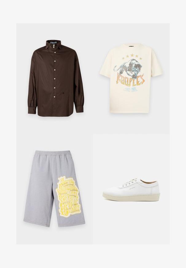 Brūna garām piedurknēm kreklā, izgatavotā no gludas auduma ar klasisku apkakli, priekšpuses pogu aizdari un elastīgām piedurknēm; satur diskrētu logotipa detaļu.; Kreklu ar īsām piedurknēm krēmkrāsā ar grafisko dizainu, kas attēlo rēcošu tīģeri, zvaigznes un tekstu "KOOPLES since 2013" krāsainos akcentos.; Pelēki kokvilnas šorti ar elastīgu jostu, bagātināti ar lielu dzeltenu grafisko apdruku un nolietotām malām uz kreisā kājas.; Baltas ādas sporta apavu pāris ar teksturētu virsmu, apaļu purngalu, bēša gumijas zoli un sešām pelēkām šņorēšanas acīm, ar diskrētām zīmola atzīmēm sānos.