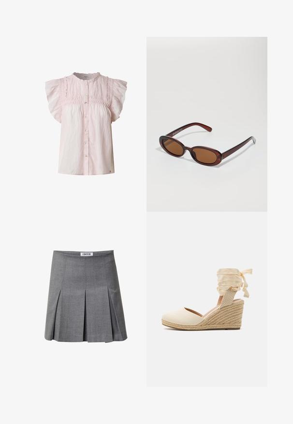 Lichtroze blouse met korte pofmouwen, smock-borstvoorkant, ronde halslijn en knoopsluiting aan de voorkant. Gemaakt van lichte stof met een zachte textuur.; Grijze geplooide rok van textuurstof. Kenmerkt zich door een rechte snit, subtiele glans en een label aan de taille. Ontworpen voor een getailleerde silhouet.; Beige espadrille hak met canvas bovenkant, open teen en zachte lint veters. Getextureerde jute hak met een gevlochten patroon.; Ronde, bruin getinte zonnebril met een glanzend bordeauxrood frame. Slanke pootjes met subtiele merkdetails. Vlakke lensontwerp.