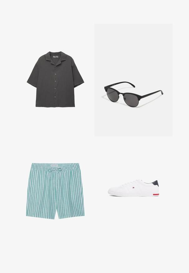 Chemise à manches courtes, à col boutonné en tissu gris foncé. Présente un col de style camp, une coupe droite et une texture subtile. Cinq boutons sur le devant.; Shorts de bain rayés en vert clair et blanc. Présentent une taille élastique, une fermeture à cordon de serrage et des poches latérales. Fabriqués en tissu léger.; Baskets basses blanches en cuir lisse. Dotées d'un talon en bleu marine et d'un accent rouge sur la semelle. Six œillets pour les lacets.; Lunettes de soleil noires avec des verres ronds, finition mate et une forme distinctive en œil de chat. Monture fine avec un logo discret sur la branche gauche.