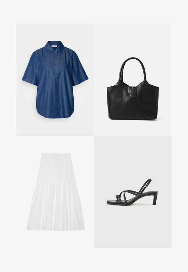Denim srajca s kratkimi rokavi v temno modri barvi, z klasičnim ovratnikom, sproščenim krojem in sprednjim delom brez vidnih zakovic. Gladka tekstura.; Bela krila do kolen, izdelana iz bombaža. Ima nabran detajl v pasu, gladko teksturo in preprosto, klasično A-linijo.; Črne natikače s trakovi in kvadratnim prstom ter nizkim blokastim peto. Imajo več tankih trakov in nastavljiv trak okoli gležnja. Narejene so iz gladkega usnja.; Črna usnjena torba s gladko teksturo, strukturirano obliko, dvema ročkama in izrazitim srebrnim sponko na sprednji strani.