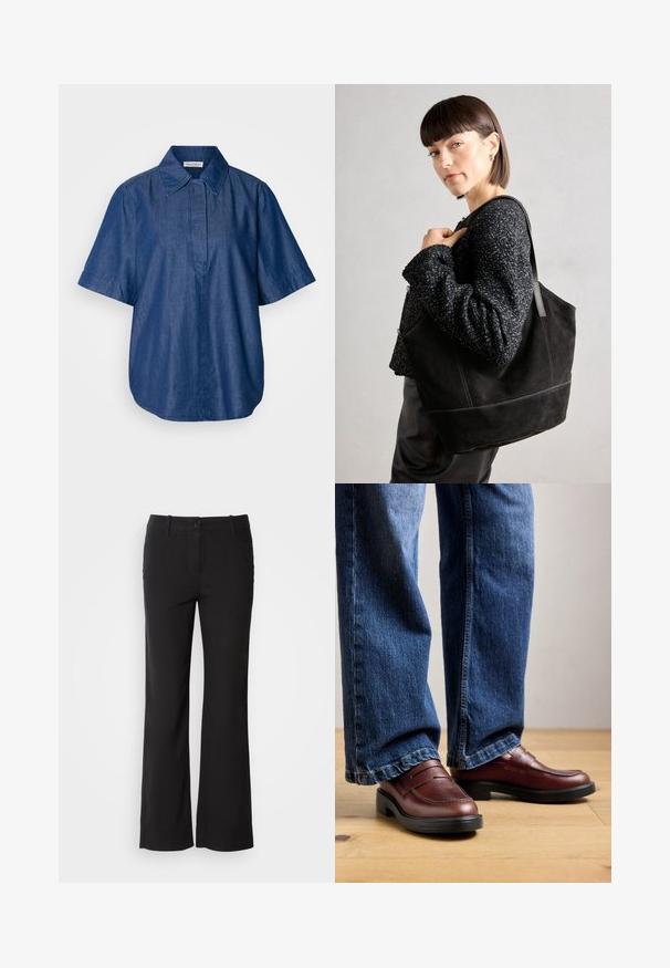 Tumedast sinisest denimist lühikeste silkidega särk, millel on klassikaline krae, lõdva lõikega ja eesmine pliiats, millel pole nähtavaid kinnitusi. Sile tekstuur.; Mustad puuvillasegu püksid sirge lõikega, ees nupuga kinnitamine ja kaks külge taskut. Sile tekstuur, nähtavaid mustreid ei ole.; Isik, kellel on seljas pruunid nahast loafers'id ja sinised teksad, seisab puidust põrandal neutraalse tausta ees.; Must mustriga mustekott, millel on sile tekstuur, struktureeritud kuju ja kontrastsed õmblused. Omab pikki rihmasid õlavarre kandmiseks.