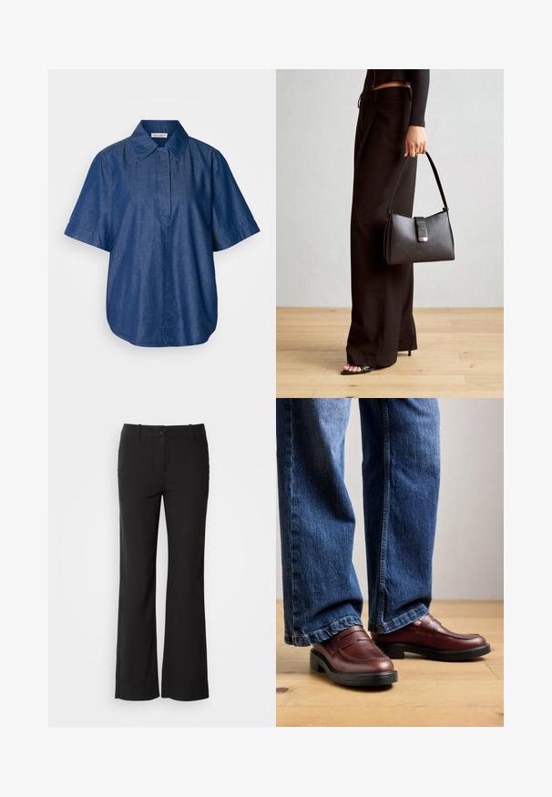 Cămașă din denim cu mânecă scurtă în albastru închis, cu un guler clasic, croială lejeră și o placa frontală fără închizători vizibile. Textură netedă.; Pantaloni negri dintr-un amestec de bumbac, cu un design drept, închidere frontală cu buton și două buzunare laterale. Textură netedă, fără modele vizibile.; Persoană îmbrăcată cu mocasini din piele maro și blugi, stând pe un podea din lemn, pe un fundal neutru.; Genți negre cu o formă structurată, textură netedă și un închizător metalic. Asortată cu pantaloni negri largi și sandale cu vârf deschis pe un podea din lemn.