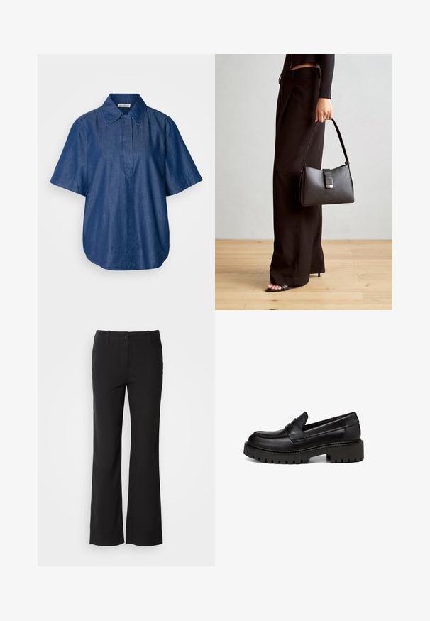 Denimová košile s krátkým rukávem v tmavě modré barvě, s klasickým límcem, uvolněným střihem a předním zapínáním bez viditelných knoflíků. Hladká textura.; Černé kalhoty z bavlněné směsi se střihem rovného nohavice, se zapínáním na knoflík vpředu a dvěma bočními kapsami. Hladká textura, žádné viditelné vzory.; Marc O'Polo LOAFER MIT ROBUSTER PROFIL - Polobotky - black; Černá kabelka se strukturovaným tvarem, hladkým povrchem a kovovým uzávěrem. Kombinována s širokými černými kalhotami a sandály s otevřenou špičkou na dřevěné podlaze.