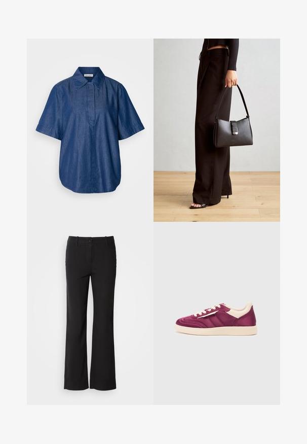 Sötétkék farmer rövidujjú ing, klasszikus gallérral, laza fazonnal és látható csatolás nélküli elülső gombolással. Sima textúra.; Fekete pamut keverék nadrág egyenes szárú dizájnnal, elülső gombos záródással és két oldalsó zsebbel. Simára kialakított textúra, nincs látható minta.; Lila bőr sneaker bézs kiegészítőkkel, lekerekített orral, fűzős elülső résszel és oldalsó csíkokkal. Texturált felsőrész.; Fekete kézi táska strukturált formával, sima textúrával és fémből készült záródással. Széles fekete nadrággal és nyitott orrú szandállal párosítva, fából készült padlón.