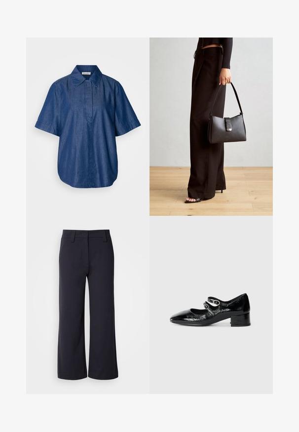 Denim košulja s kratkim rukavima u tamnoplavoj boji, s klasičnim ovratnikom, opuštenim krojem i prednjim preklopom bez vidljivih kopčanja. Glatka tekstura.; Hlače širokih nogavica od tamnoplave tkanine. Imaju ravni prednji dio, petlje za remen i bočne džepove. Materijal je gladak s laganim rastezljivim svojstvom.; Crne lakirane Mary Jane cipele s šiljastim vrhom, dva prilagodljiva remena s okruglim hardverom i niskom blok petom.; Crna torba s oblikom koji sadrži strukturu, glađu teksturu i metalnu kopču. Uparena s širokim crnim hlačama i sandalama na otvorenom s drvenog poda.
