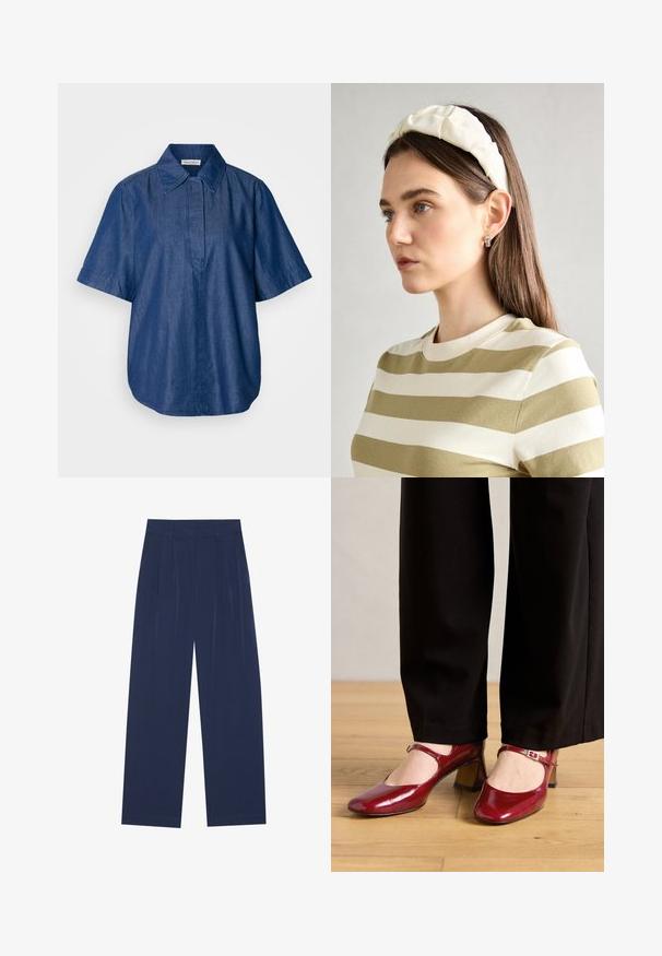 Camisa de ganga de manga curta em azul escuro, com colarinho clássico, corte descontraído e uma frente sem fechos visíveis. Textura suave.; Calças largas azul-marinho feitas de um tecido suave, com plissados frontais, uma textura lisa e um corte recto sem bolsos visíveis.; Sapatos de salto Mary Jane em pele vernizada vermelha, com bico quadrado, uma tira sobre o peito do pé e um salto baixo. Usados com calças pretas.; Fita de cabelo almofadada em creme com design torcido, acompanhada de uma camisa às riscas bege e branca com escote redondo. Acentos discretos em joias.