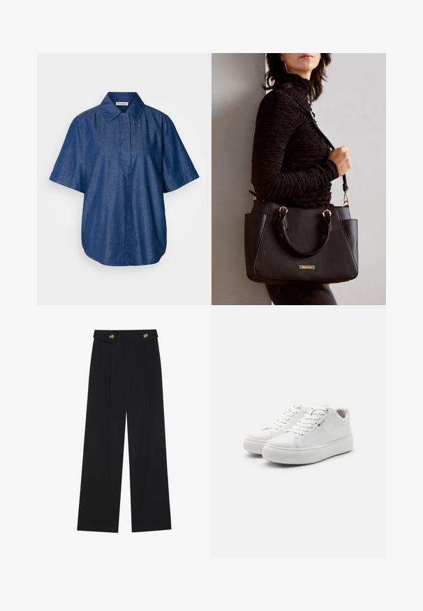 Jeansowa koszula z krótkim rękawem w ciemnym niebieskim kolorze, z klasycznym kołnierzykiem, luźnym krojem oraz zapięciem z przodu bez widocznych zapięć. Gładka faktura.; Czarne szerokie spodnie z wysokim stanem, z detalami w postaci guzików na pasku oraz plisami z przodu.; Białe, niskie trampki z gładkiej płótna, okrągłym noskiem i grubą gumową podeszwą. Posiadają sznurowane zapięcie z przodu oraz minimalistyczny design.; Czarna torebka z teksturowanej powierzchni, podwójnymi uchwytami na górze i regulowanym paskiem na ramię. Posiada złote okucia i boczne kieszenie.