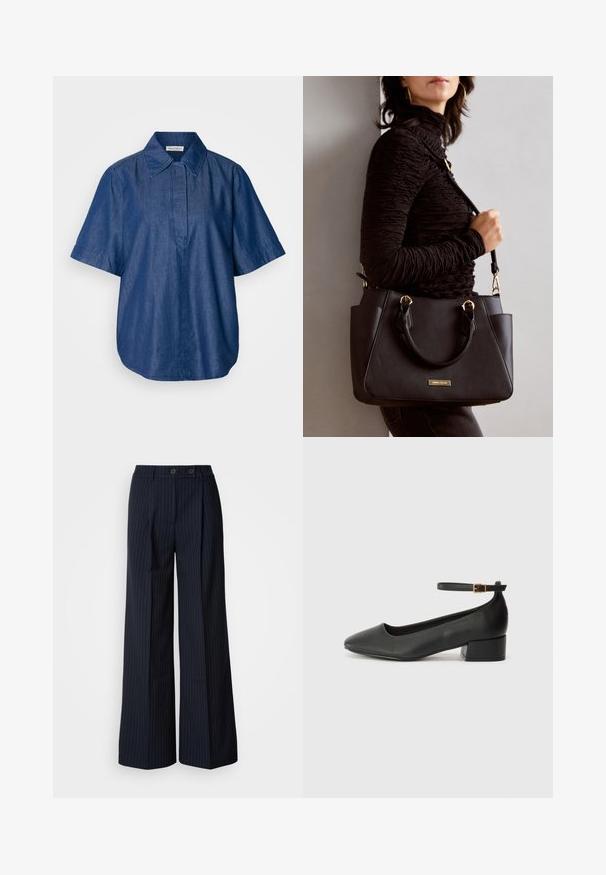 Mørk blå denim kortermet skjorte med klassisk krage, avslappet passform og en frontlommepost uten synlige lukkinger. Glatt tekstur.; Marineblå pinstripede vide bukser med to frontknapper, skræddersyet design, en fold forrest og en glat tekstur.; Sorte skinnpumper med spiss tå og lav blokkhelt. Har ankelrem med gullfarget spenne. Glatt tekstur.; Svart håndveske med teksturert overflate, doble topphåndtak og justerbar skulderrem. Har detaljer i gulltone og sidelommer.