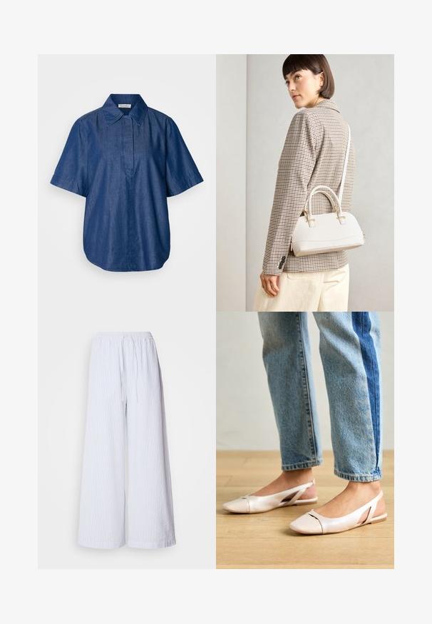 Camisa de ganga de manga curta em azul escuro, com colarinho clássico, corte descontraído e uma frente sem fechos visíveis. Textura suave.; Calças largas brancas com riscas azul claras, apresentando uma cintura elástica com cordão e um tecido texturizado.; Sapatilhas slingback de cor rosa pálido com bico fino, feitas de um material semelhante a couro liso. Apresentam detalhes recortados nas laterais e um salto plano.; Bolsa estruturada branca com alças curtas e uma alça de ombro, com detalhes em hardware dourado e material texturizado, exibida contra um fundo cinza.