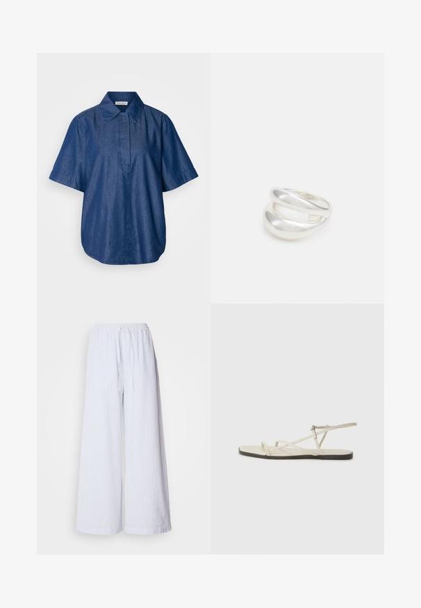 Tamsiai mėlyna džinsinė marškinė su trumpomis rankovėmis, klasikinio tipo apykakle, laisvos kirpimo, su priekiniais užtrauktuko neatskleidžiamais sagų. Lygi tekstūra.; Balti plačios kelnės su šviesiai mėlynomis juostelėmis, su elastine juosmens juosta su virvele ir tekstūruota medžiaga.; Bežiniai plokšti sandalai su keliais lieknais dirželiais ir reguliuojamu užsegimu. Padas plokščias, su lengvu tamsiu kontrastu krašte.; Sidabrinis dvigubas žiedas su lygiu, poliruotu paviršiumi. Pasižymi sklandžiu, kreiptu dizainu su persipinančiomis dalimis, suteikiančiomis modernų išvaizdą.