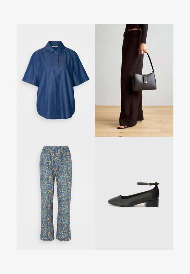 Denim košulja s kratkim rukavima u tamnoplavoj boji, s klasičnim ovratnikom, opuštenim krojem i prednjim preklopom bez vidljivih kopčanja. Glatka tekstura.; Hlače s plavim cvjetnim uzorkom izrađene od laganog materijala, s elastičnom strukom, ravnim krojem i složenim detaljima u plavoj, smeđoj i bijeloj boji.; Crne kožne pumpe s oštrim vrhom i niskom blok petom. Sadrže remen oko gležnja s zlatnim kopčanjem. Glatka tekstura.; Crna torba s oblikom koji sadrži strukturu, glađu teksturu i metalnu kopču. Uparena s širokim crnim hlačama i sandalama na otvorenom s drvenog poda.