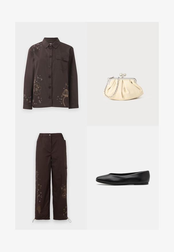 Camicia marrone con bottoni e colletto, decorata con ricami floreali e stelle in oro e blu, e una tasca sul petto sinistro. Materiale in cotone.; Pantaloni larghi marroni con ricami di stelle e pesci. Presentano una vita elasticizzata, due tasche laterali e lacci regolabili alla caviglia.; Paul Smith TOPANGA - Ballerine - black; Clutch in pelle beige plissettata con una struttura in metallo argento, dotata di due chiusure decorative rotonde e una tracolla in catena argentata.