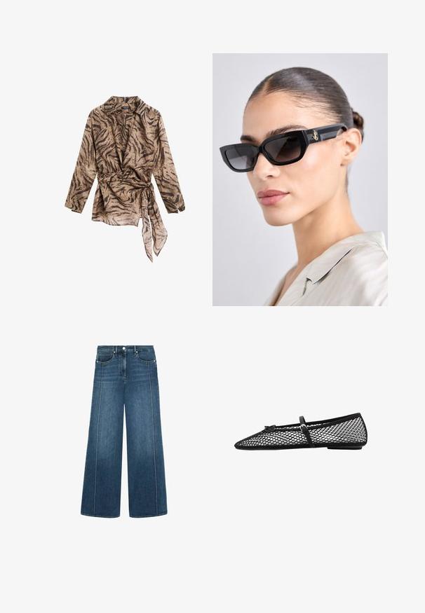 Blusa avvolgente a maniche lunghe con colletto in beige con motivo a strisce di tigre marroni; presenta un girovita con nodo e una morbida texture trasparente.; Jeans a gamba larga in denim blu scuro con cuciture bianche a contrasto, design a cinque tasche e chiusura con bottone in vita.; Ballerina nera in rete con punta affusolata, cinghia decorativa e accento sottile. Presenta un design a rete aperta e suola piatta.; Occhiali da sole rettangolari neri con lenti oscurate, caratterizzati da montature spesse e dettagli in metallo dorato sulle tempie. Texture liscia e lucida.; Borsa a tracolla intrecciata marrone con silhouette arrotondata, dotata di manico superiore e superficie testurizzata. Design compatto con base piatta per maggiore stabilità.