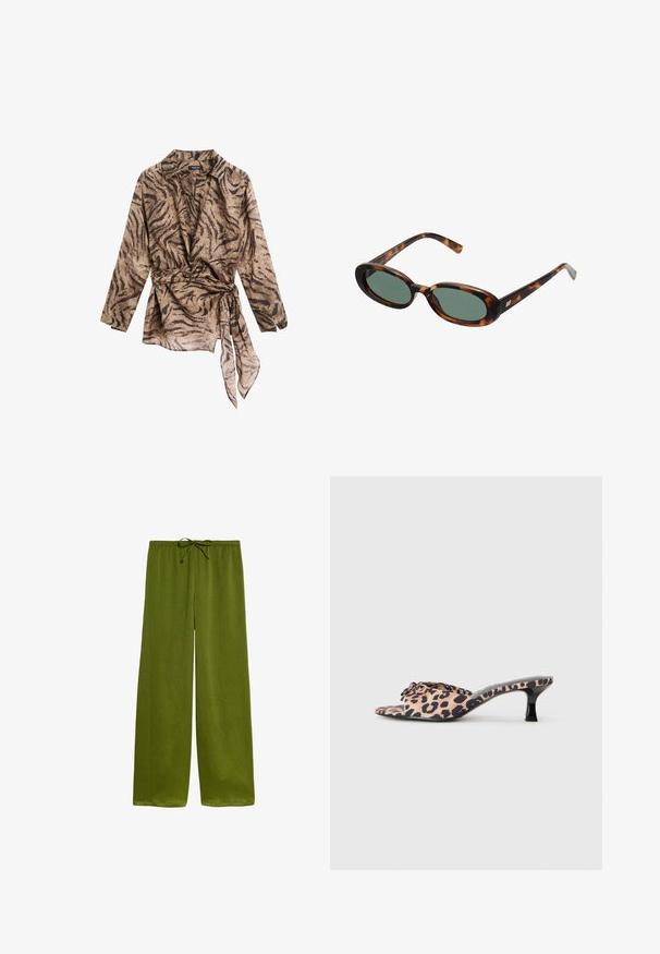 Long-sleeved, collared wrap blouse in beige with a brown tiger stripe pattern; features a tied waist and soft, sheer texture.; Green, wide-leg pants made of lightweight fabric, featuring a drawstring waist and a subtle textured pattern throughout.; Leopard-print mules with a low, black stiletto heel. Soft fabric upper featuring a knot detail at the front and a smooth, flat sole.; Tortoiseshell sunglasses with oval frames and green lenses. Features thin arms with a metallic accent near the hinges.; Woven brown handbag with a rounded silhouette, featuring a top handle and textured surface. Compact design with a flat base for stability.