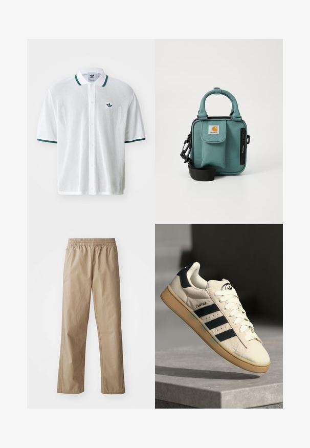 Camisa tipo polo blanca de malla con cierre de botones en la parte delantera, cuello y acentos en las mangas en verde contrastante, con un pequeño logo verde en el pecho.; Pantalones beige, livianos, con cintura elástica y piernas rectas. Con bolsillos laterales y costuras sutiles. Textura suave, diseño casual.; Zapatilla de ante beige con tres rayas azul marino, cordones blancos y una suela de goma color cuero. Presenta un logo en la lengüeta y el texto "CAMPUS".; Bolso cruzado de tela en color azul verdoso con asas cortas, bolsillo con cremallera, bolsillo con solapa en la parte frontal, correa ajustable y logo de Carhartt en la parte delantera.
