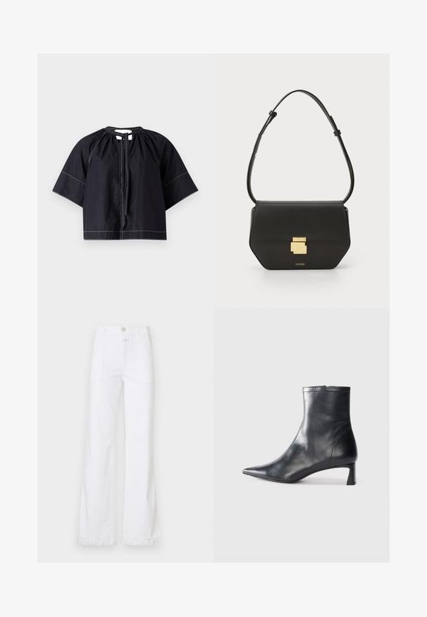 CLOSED Pluus - black; Valged denimpüksid kõrge vöökohaga, laia sääre disainiga, ees olevate taskutega ja nähtava õmblusega. Kanga pind on sile ja matt.; Mustad mustall nahkasaabas terava nina ja stiilse disainiga. Omab madalat konts ja luku sulgemist taga. Sile tekstuur.; CLOSED CLOSED ONE - Ülerinna-kott - black