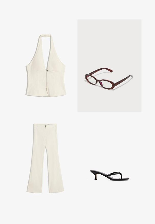 Top s halterneck v svetlem beigem, ki ima globok V-izrez in sprednji zadrgo. Tkanina ima subtilno teksturo, s strukturiranimi paneli in brez rokavov.; Široke hlače iz svetlosive tkanine z rahlo teksturo. Imajo zadrgo in dva žepa spredaj.; Črne sandale na visoki peti z ozkim trakastim dizajnom in vozlom na prstih. Narejene so iz gladkega materiala in imajo rahlo peto.; Ovalno oblikovani rdeči sončna očala s prozornimi lečami in elegantnimi rjavimi okvirji. Oblikovanje vključuje subtilne krivulje in minimalno opremo.; Bežna usnjena torbica z gladko teksturo, dvema zaobljenima ročajema in nastavljivimi trakovi na obeh straneh. Ima srebrne dodatke.