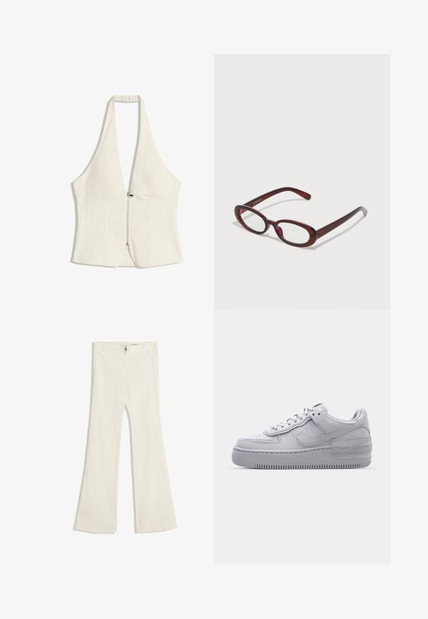 Top s halterneck v svetlem beigem, ki ima globok V-izrez in sprednji zadrgo. Tkanina ima subtilno teksturo, s strukturiranimi paneli in brez rokavov.; Široke hlače iz svetlosive tkanine z rahlo teksturo. Imajo zadrgo in dva žepa spredaj.; Sivi Nike Air Force 1 čevelj z perforiranim prstnim delom, gladkim usnjenim zgornjim delom, debelim podplatom in reliefnim napisom 'AIR' na peti.; Ovalno oblikovani rdeči sončna očala s prozornimi lečami in elegantnimi rjavimi okvirji. Oblikovanje vključuje subtilne krivulje in minimalno opremo.; Bežna usnjena torbica z gladko teksturo, dvema zaobljenima ročajema in nastavljivimi trakovi na obeh straneh. Ima srebrne dodatke.
