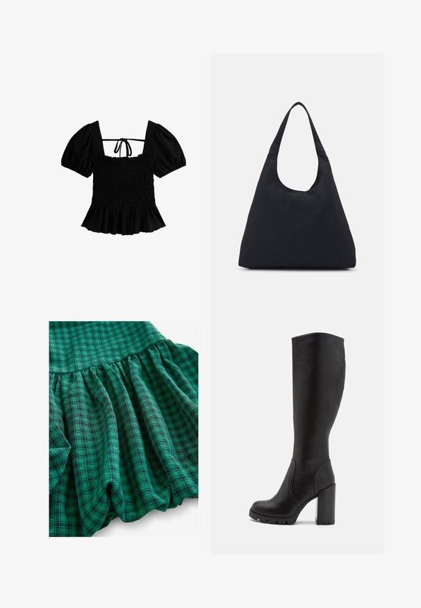New Look Blouse - black; Groene geruite stof met verschillende tinten, verzamelde textuur en een gerimpelde zoom. Het materiaal lijkt ademend en lichtgewicht te zijn.; Zwarte kniehoge laarzen van soepel materiaal, met een stevige blokhak, ronde neus en subtiele stikdetails.; Zwarte stoffen tas met een enkele, brede schouderriem. Zachte, semi-gestructureerde vorm en gladde textuur; minimalistisch ontwerp, zonder zichtbare hardware.