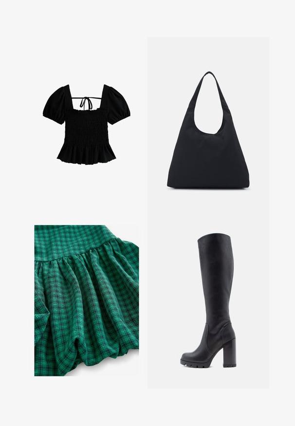 New Look Blus - black; Grön rutigt tyg med varierande nyanser, samlad textur och volangkant. Materialet ser ut att vara andningsbart och lätt.; Svart knäghöga stövel, slät lädermaterial, kraftig klack, rund tå, texturerad sula med grepp, stilren design utan utsmyckningar.; Svart tygväska med en enda, bred axelrem. Mjuk, semi-strukturerad form och slät textur; minimal design utan synlig hårdvara.