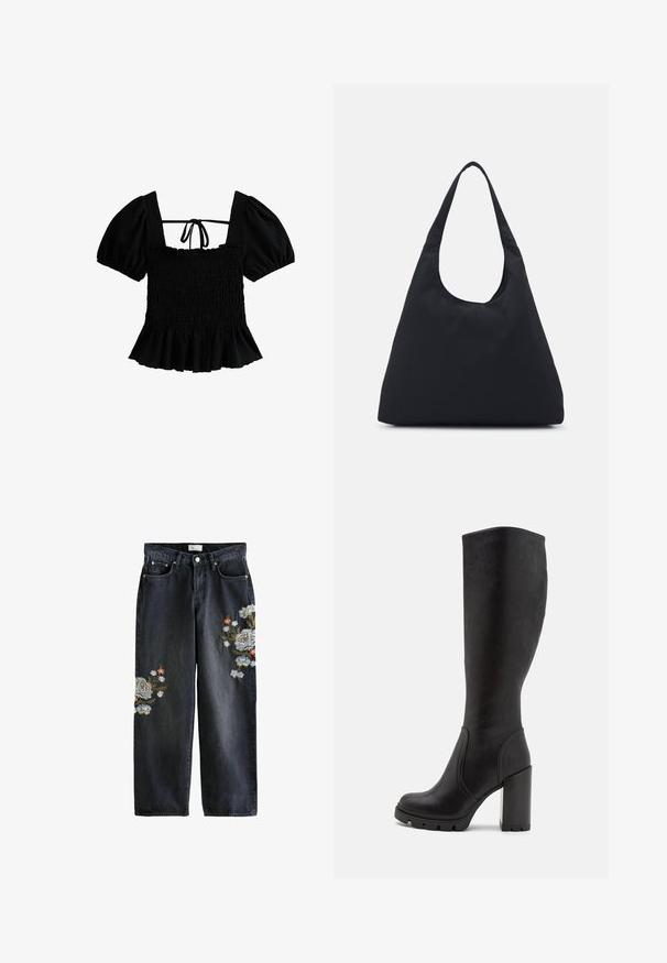 New Look Blus - black; Svarta denimbyxor med vida ben som har blommönster i blått, vitt och orange på båda benen, med hög midja och standard femficksdesign.; Svarta knähöga stövlar i slitstarkt material, med en klumpig klack, rund tå och diskreta sömnadsdetaljer.; Svart tygväska med en enda, bred axelrem. Mjuk, semi-strukturerad form och slät textur; minimal design utan synlig hårdvara.
