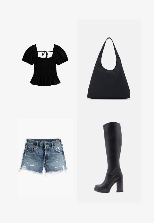 New Look Blusa - black; Pantalones cortos de mezclilla en azul medio con tejido desgastado, dobladillo deshilachado, cinco bolsillos y detalles en hardware color cobre.; Bota negra hasta la rodilla, material de cuero liso, tacón grueso, punta redondeada, suela texturizada con agarre, diseño elegante sin adornos.; Bolsa de tela negra con una sola correa ancha para el hombro. Forma suave y semiestructurada con textura lisa; diseño minimalista, sin herrajes visibles.