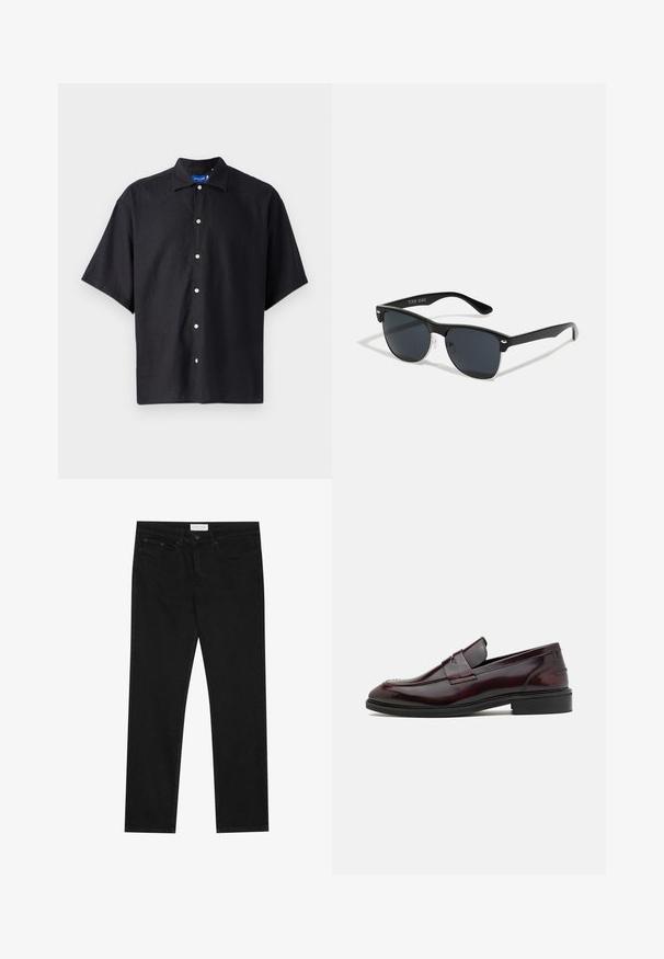 Chemise noire à manches courtes en tissu léger, avec un col pointu et une fermeture à boutons sur le devant avec des boutons blancs.; Jean droit noir avec un design à cinq poches, fermeture à bouton et zip, et une étiquette de marque Pier One sur la taille.; Mocassins en cuir bordeaux avec une finition lisse, un accent rectangulaire à l'avant et une pointe arrondie, dotés d'une semelle en caoutchouc noir.; Lunettes de soleil noires de forme rectangulaire, verres foncés, accents argentés aux tempes et finition mate sur la monture.