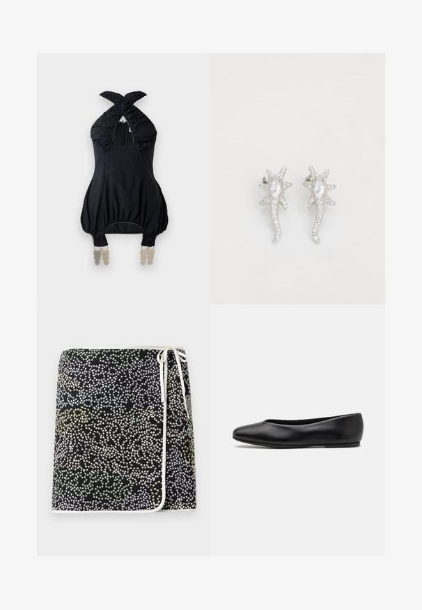 Musta halterneck-top, jossa on kootut kankaat, neliömäinen pääntie ja elastiset yksityiskohdat. Siinä on etuvetoketju ja ainutlaatuinen koristeellinen varustus helman kohdalla.; Musta kietaisuhame, jossa on monivärinen tähtikuosi pastellisävyissä keltaista, vihreää ja sinistä, valkoisella reunuksella ja nauhalla korostettuna.; Paul Smith TOPANGA - Ballerinat - black; Hopeakuiskaavina muotoiltuja tähtiä, joissa on kuvioituja piikkejä, kirkkaat kimalteet ja marquise-leikkauksella oleva keskipiste.