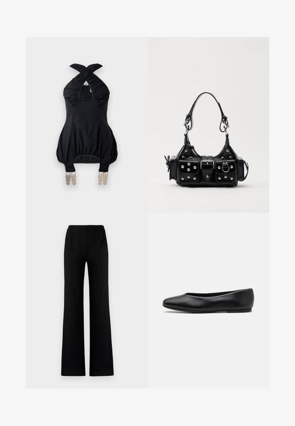 Črna top bluzica s halter izrezom, nabrano blago, kvadratnim izrezom na vratu in elastičnimi detajli. Ima sprednji zadrgo in edinstveno dekorativno kovinsko opremo na robu.; Črne široke hlače iz mehkega materiala z elastičnim pasom, ki imajo gladko teksturo in brez vidnih žepov ali okrasnih predstavitev.; Paul Smith TOPANGA - Balerinke - black; Črna usnjena torbica s ukrivljenim dizajnom, ki vsebuje srebrne žebljičke, zaponko in dve stranski žepki. Nastavljiv trak za različne možnosti nošenja.; Srebrne uhane v obliki zvezde s teksturiranimi bodicami, z vgrajenimi prozornimi rhinestone kamni in marquise rezanim osrednjim kamnom.