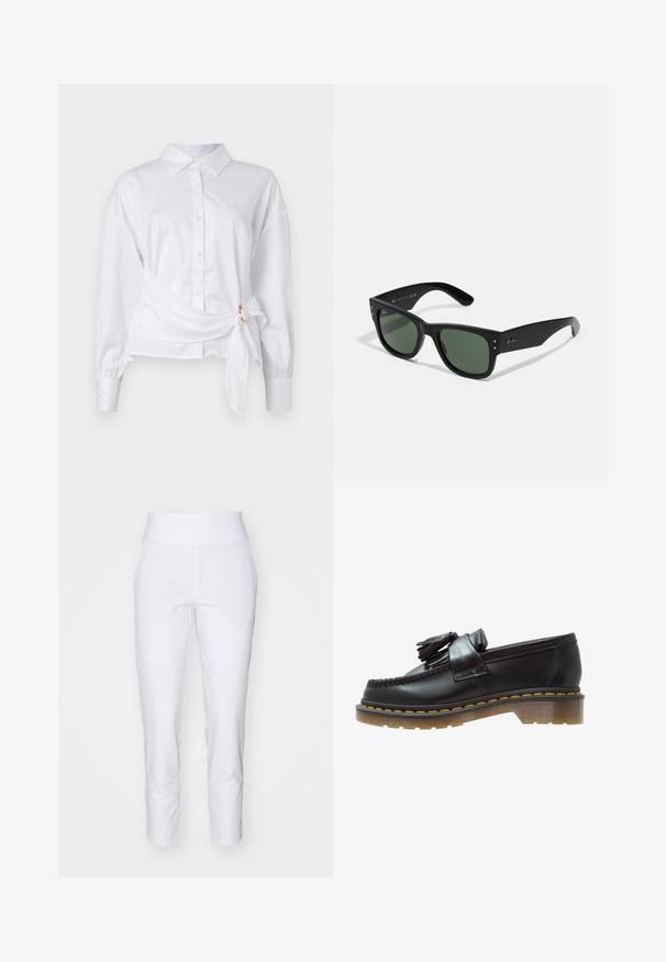 Bijela košulja s dugim rukavima, s preklopnim dizajnom i detaljem vezivanja u struku, izrađena od lagane pamučne tkanine.; Bijele, rastezljive hlače do gležnja s širokim elastičnim pojasom i glatkom teksturom; bez uzoraka ili dodatnih detalja.; Crne kožne mokasine s teksturiranim finišem, s dekorativnom resom i kontrastnim žutim šavovima, na debelom prozirnom đonu.; Crne pravokutne sunčane naočale sa zelenim staklima, mat završetkom, suptilnim metalnim detaljima i utisnutim logotipom na dršku.