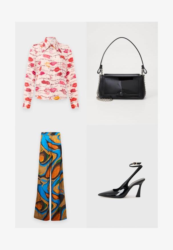 Cămașă cu mâneci lungi dintr-un material moale și ușor, cu un fundal roz ornamentat cu imprimeuri de buze roșii și portocalii și text manuscris.; Pantaloni largi cu un model abstract multicolor în nuanțe de albastru, portocaliu și maro. Confecționați dintr-un material ușor, cu o textură netedă.; Sandale cu toc înalt din piele patent neagră, cu vârf ascuțit, curea ajustabilă la gleznă și toc mediu pătrat. Textură netedă cu un finisaj lucios.; Geantă din piele patent neagră, cu o formă rectangulară, mânere din lanț și un accent distinctiv din metal în centru. Textură netedă.