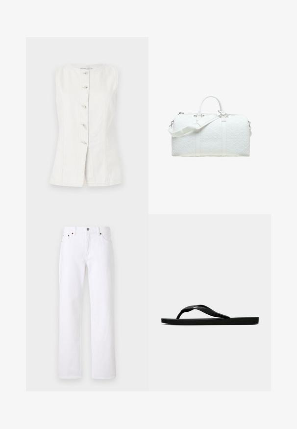 White sleeveless denim vest with a round neckline and five buttons down the front. Features side seams for a fitted shape.; White denim jeans with a straight fit, five-pocket design, and metal button closure. Includes tan stitching and visible seams.; Black rubber flip-flop sandal with a textured thong strap and simple flat sole, shown from side on a plain light background.; White duffle bag with quilted diamond pattern, dual handles, and adjustable shoulder strap. Silver hardware accents on zippers.