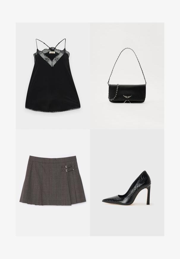 Camiseta negra sin mangas con tirantes ajustables, con un escote de encaje en forma de pico y bordes ondulados. Tejido suave con un ligero brillo.; The Kooples JUPE - Minifalda - brown; Zapato de tacón alto negro con punta afilada y textura de piel de cocodrilo, que presenta un diseño elegante, un alto tacón de aguja y un interior negro suave.; Bolso de mano de cuero negro con una correa de cadena plateada, que presenta acentos decorativos en forma de alas y costuras blancas a lo largo de la costura inferior.