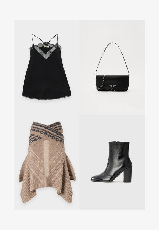 Crna majica bez rukava s podesivim naramenicama, koja ima čipkast izrez i valovite rubove. Glatka tkanina s blagim sjajem.; Bež pleteni pončo s rebrastom teksturom, geometrijskim dizajnom i kontrastnim uzorkovanim rubom u tamnoplavoj boji. Opuštene, asimetrične ivice.; Crna kožna čizma do gležnjeva s glatkom teksturom, špicastim vrhom i debelim visokim potpeticama. Ima bočni otvor i minimalistički dizajn.; Crna kožna torba s srebrnim lanac strapom, s dekorativnim krilnim naglascima i bijelim šavovima duž donjeg šava.