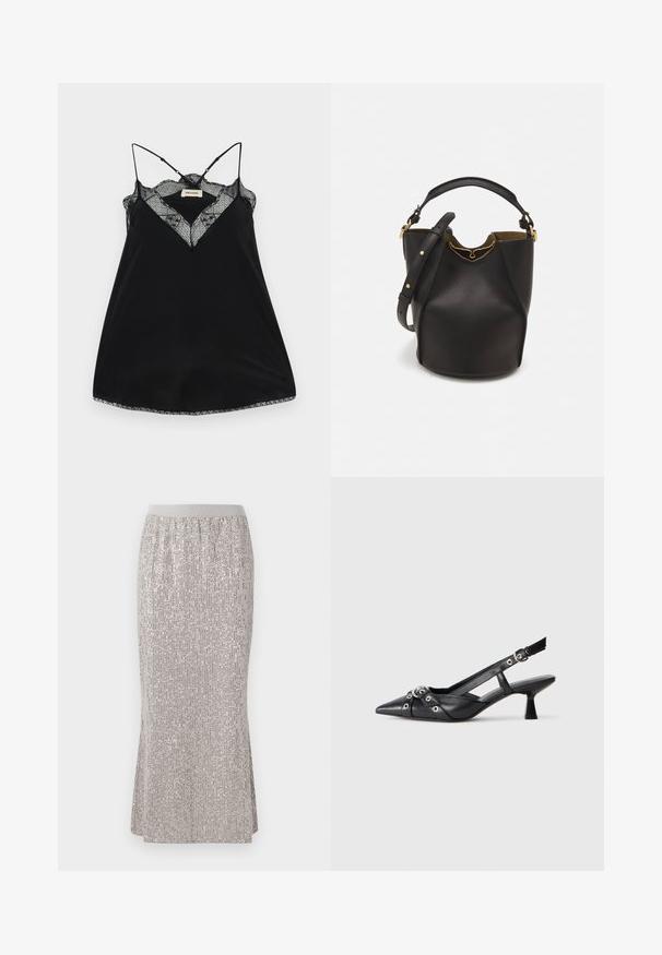 Musta kampsun, millel on reguleeritavad rihmad, pitsist madal kaelus ja lainelised ääred. Sile kangas, millel on kerge sära.; Knee-length, hõbedast sädelev seelik, millel on sobiv vöökoht, vertikaalsete säravmustrite ja külgsalvritega liikumise mugavuse tagamiseks.; Must must have must toote tõmblukuga, dekoratiivsed rihmad metallist silmadega ja madal blokk-kand. Tekstureeritud pind.; Mustast nahkämbriga kott tekstuurses viimistluses, kuldsete metalldetailide aktsentidega ja avatud ülaosaga. Omab lühikest käepidet ja reguleeritavat õlavarre rihma.