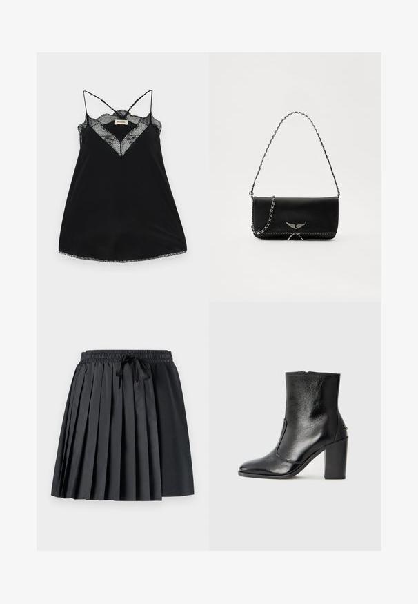 Camisole nera con spalline regolabili, caratterizzata da un scollo a V in pizzo e bordi scallopati. Tessuto morbido con una leggera lucentezza.; Gonna nera plissettata con vita elastica e cordoncino; combina tessuti lisci e testurizzati per un aspetto stratificato.; Stivale alla caviglia in pelle nera, con una superficie liscia, punta affilata e tacco alto e massiccio. Presenta una apertura laterale e un design minimalista.; Borsa a mano in pelle nera con una tracolla in catena argento, caratterizzata da decorazioni a forma di ali e cuciture bianche lungo la cucitura inferiore.